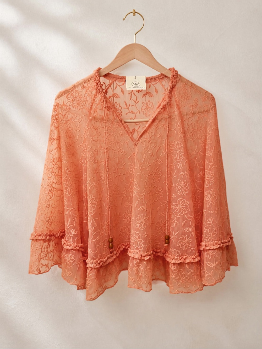 Wit & Wisdom NWT Sheer Embroidered Floral Bell Sleeve Blouse Peach/Coral L/M